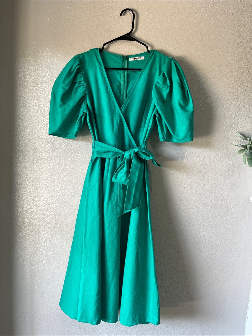 Glamorous Teal Wrap Midi Dress Puff Sleeves V Neck Sz 6 Boho Chic Resort